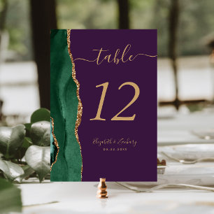 Emerald Green Gold Agate Purple Wedding Table Number
