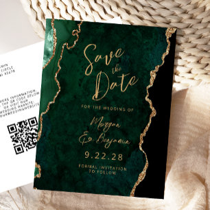 Emerald Green Gold Agate QR Code Save the Date Announcement Postcard