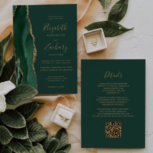 Emerald Green Gold Agate QR Code Wedding Invitation