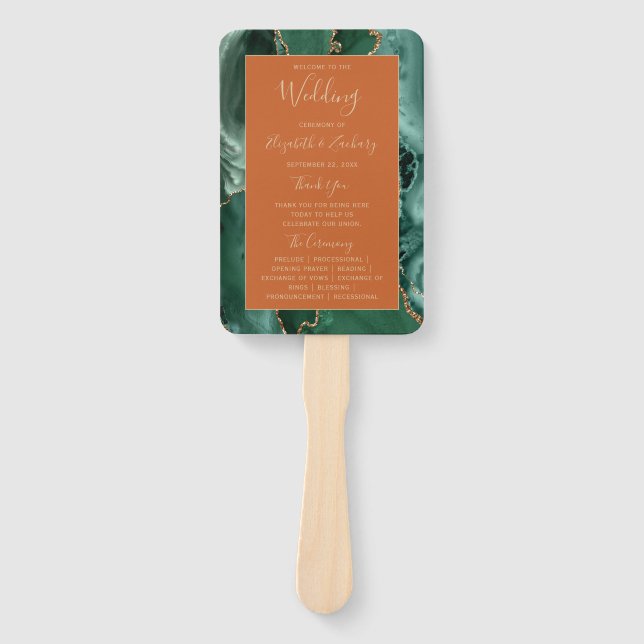 Emerald Green Gold Agate Rust Wedding Program Hand Fan (Front)