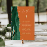 Emerald Green Gold Agate Rust Wedding Table Number<br><div class="desc">The left-hand edge of this elegant modern wedding table number card features an emerald green watercolor agate border trimmed with faux gold glitter. The word "table" appears in gold-coloured handwriting script on a burnt orange background. Add the names of your guests who are assigned to each table.</div>