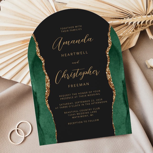 Emerald Green Gold Agate Script Dark Arch Wedding Invitation (Creator Uploaded)