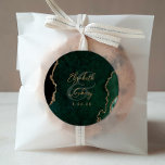 Emerald Green Gold Agate Script Wedding Classic Round Sticker<br><div class="desc">This elegant modern wedding sticker features an emerald green watercolor agate geode design trimmed with faux gold glitter. Easily customise the gold-coloured text,  with the names of the bride and groom in handwriting calligraphy over a large ampersand and the wedding date below.</div>