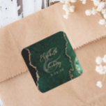 Emerald Green Gold Agate Script Wedding Square Sticker<br><div class="desc">This elegant modern wedding sticker features an emerald green watercolor agate geode design trimmed with faux gold glitter. Easily customise the gold-coloured text,  with the names of the bride and groom in handwriting calligraphy over a large ampersand and the wedding date below.</div>