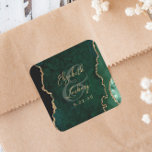 Emerald Green Gold Agate Script Wedding Square Sticker<br><div class="desc">This elegant modern wedding sticker features an emerald green watercolor agate geode design trimmed with faux gold glitter. Easily customise the gold-coloured text,  with the names of the bride and groom in handwriting calligraphy over a large ampersand and the wedding date below.</div>