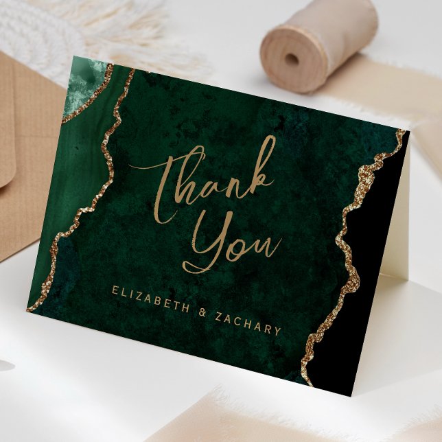 Emerald Green Gold Agate Script Wedding Thank You Card (Creator Uploaded)