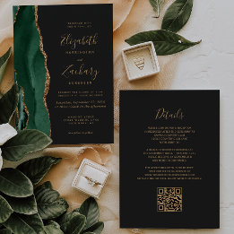 Emerald Green Gold Agate Slate QR Code Wedding Invitation