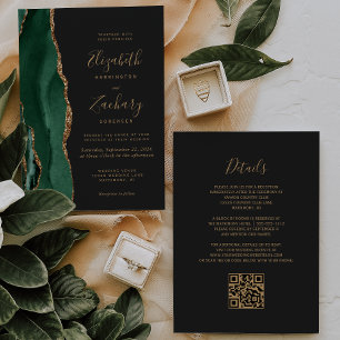 Emerald Green Gold Agate Slate QR Code Wedding Invitation