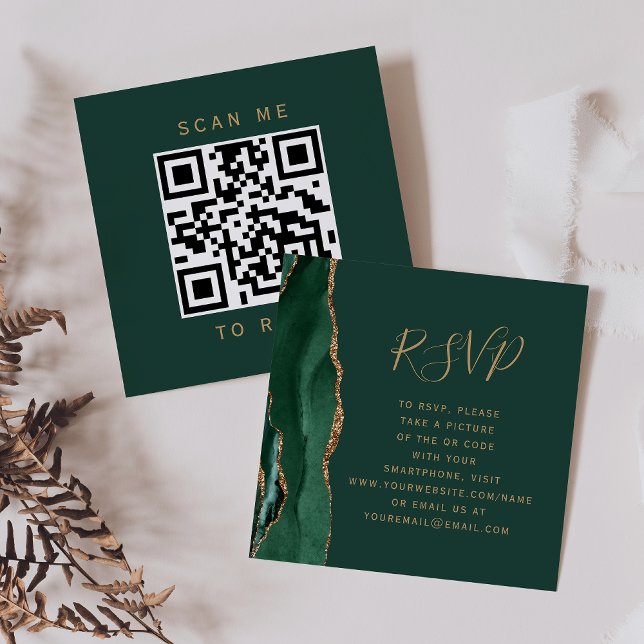 Emerald Green Gold Agate Wedding QR Code RSVP Enclosure Card (Creator Uploaded)