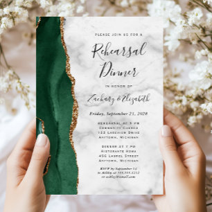Emerald Green Gold Agate Wedding Rehearsal Dinner Invitation