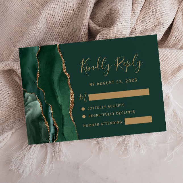 Emerald Green Gold Agate Wedding RSVP Card (Creator Uploaded)
