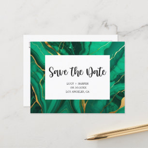 Emerald Green & Gold Agate Wedding Save the date Announcement Postcard