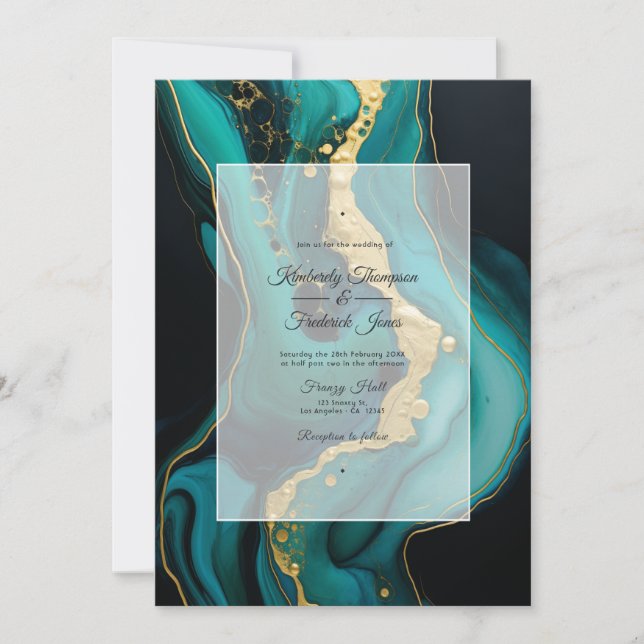 Emerald Green, Gold and Black Ink Wedding Invitation (Front)