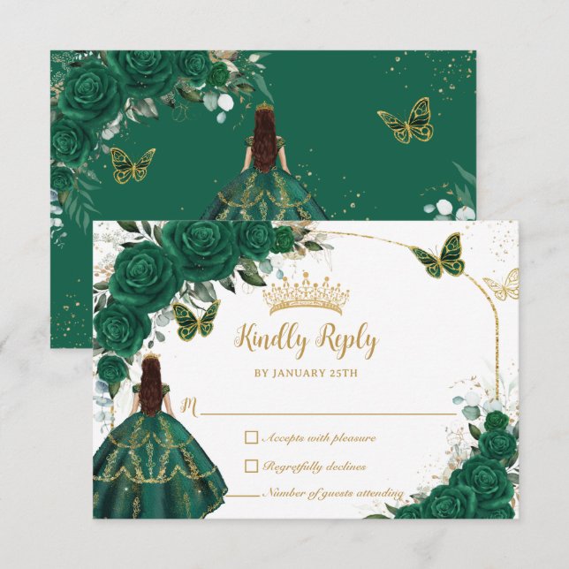 Emerald Green Gold Arch Butterflies Quinceañera RSVP Card (Front/Back)