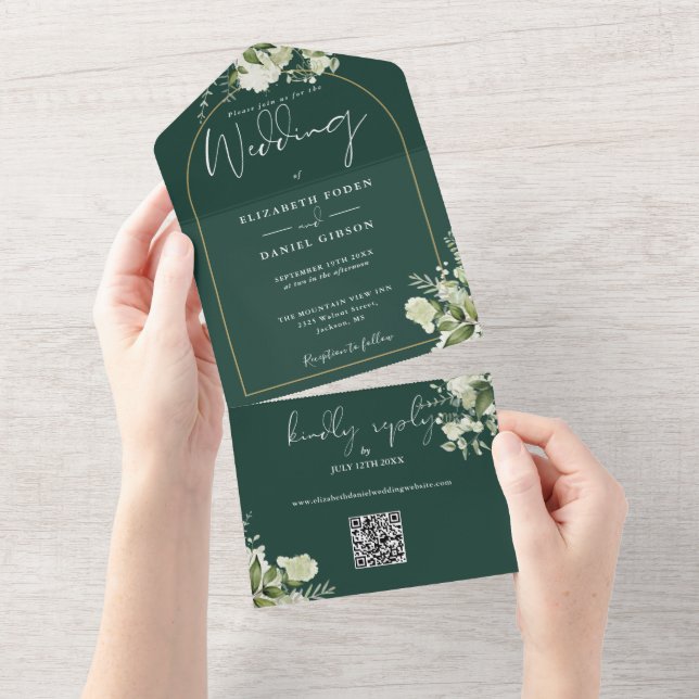 Emerald Green Gold Arch Greenery QR Code Wedding All In One Invitation (Tearaway)