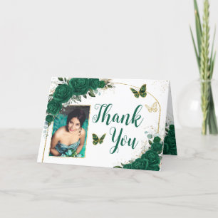 Emerald Green Gold Arch Quinceañera Sweet 16 Photo Thank You Card