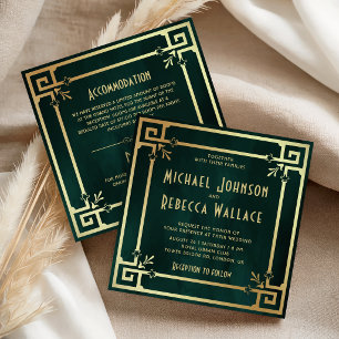 Emerald Green Gold Art Deco All in One Wedding Invitation