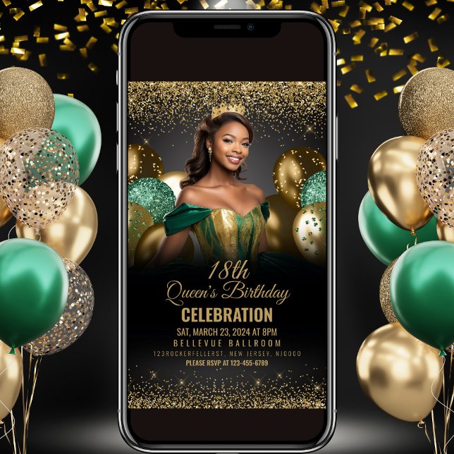 Emerald Green Gold Balloons Birthday Invitation (Creator Uploaded)