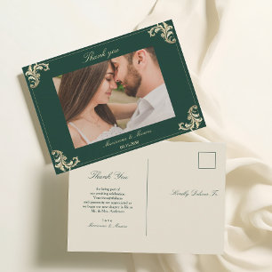 Emerald Green Gold Baroque Wedding Thank You Postcard