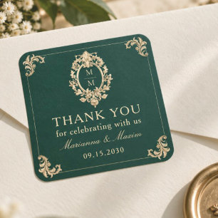 Emerald Green Gold Baroque Wedding Thank You Square Sticker