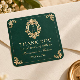 Emerald Green Gold Baroque Wedding Thank You Square Sticker