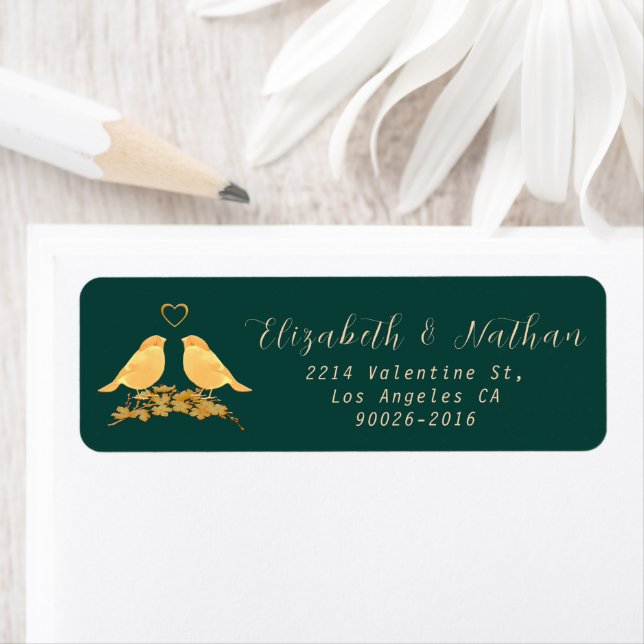 Emerald Green & Gold Birds Flowers  Return Address Label (Insitu)