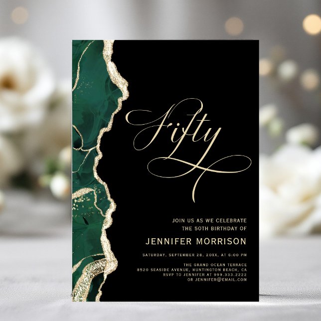 Emerald Green Gold Black Agate 50th Birthday Invitation (Creator Uploaded)