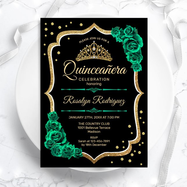 Emerald Green Gold Black Elegant Quinceanera Invitation (Creator Uploaded)