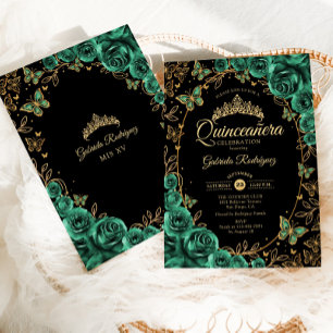 Emerald Green Gold Black Quinceanera Invitation