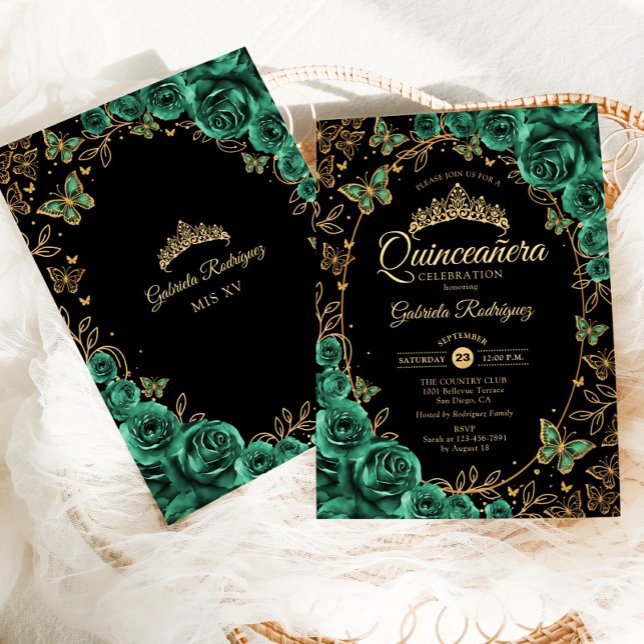 Emerald Green Gold Black Quinceanera Invitation (Creator Uploaded)