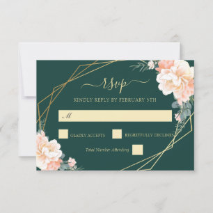 Emerald Green Gold Blush Peach Floral Wedding RSVP Card