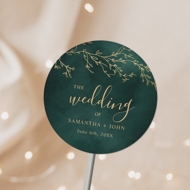 Emerald Green & Gold Botanical Elegant Wedding Classic Round Sticker (Creator Uploaded)