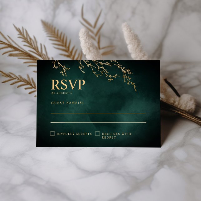 Emerald Green & Gold Botanical Elegant Wedding RSVP Card (Creator Uploaded)