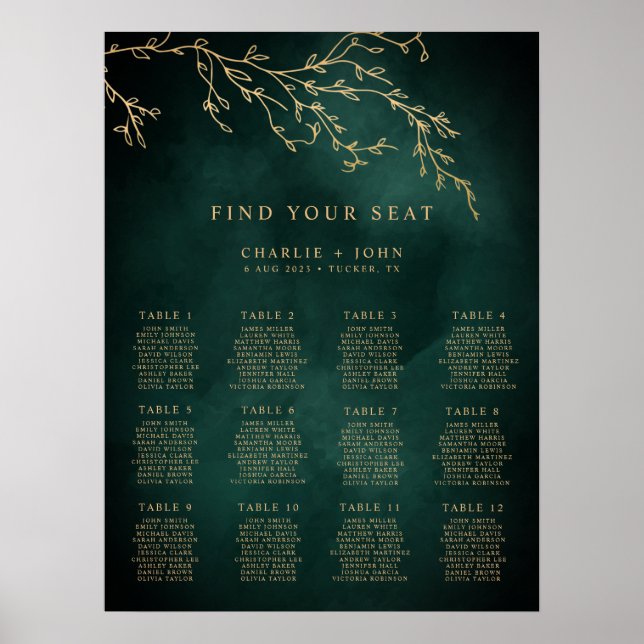 Emerald Green & Gold Botanical Seating Chart (Front)