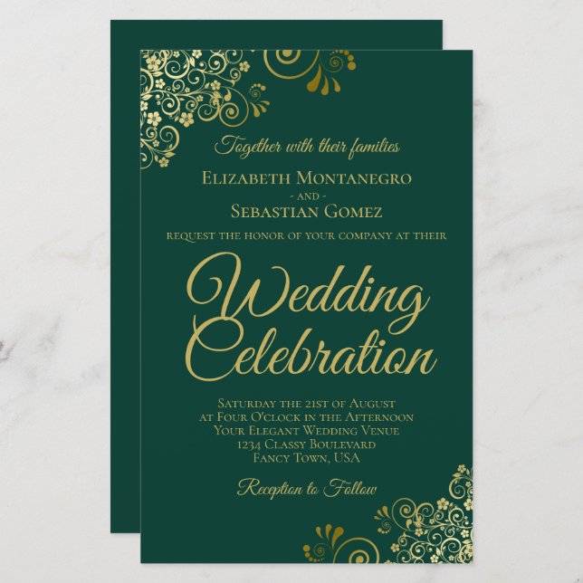 Emerald Green & Gold BUDGET Wedding Invite Large (Front/Back)