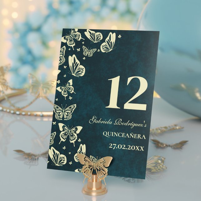 Emerald Green Gold Butterflies Quinceañera Seating Table Number (Emerald Green Gold Butterflies Quinceañera Seating Table Number)