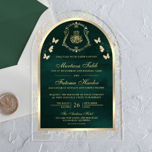 Emerald Green Gold Butterfly Arch Muslim Wedding Acrylic Invitations