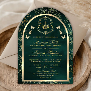 Emerald Green Gold Butterfly Arch Muslim Wedding Invitation