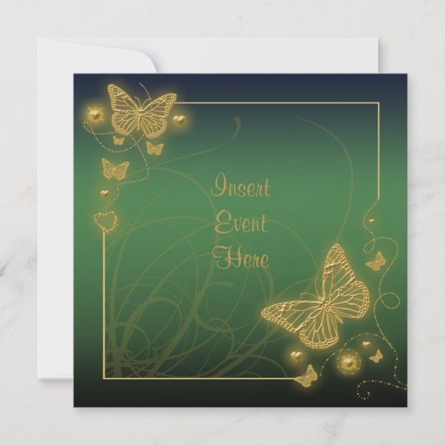 Emerald green gold butterfly elegant invitation (Front)