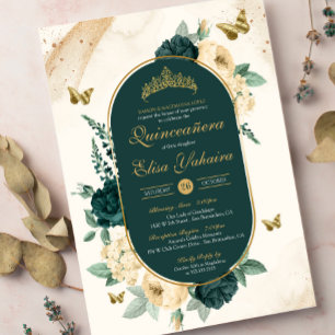 Emerald Green Gold Butterfly Floral Quinceañera Invitation