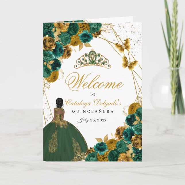 Emerald Green & Gold Butterfly Quinceanera Program (Front)
