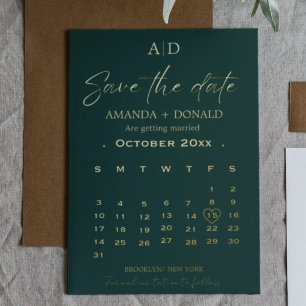Emerald green& Gold Calendar Wedding Save the date