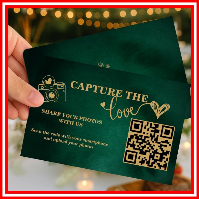 Emerald Green & Gold Capture The Love QR Wedding Enclosure Card (Creator Uploaded)