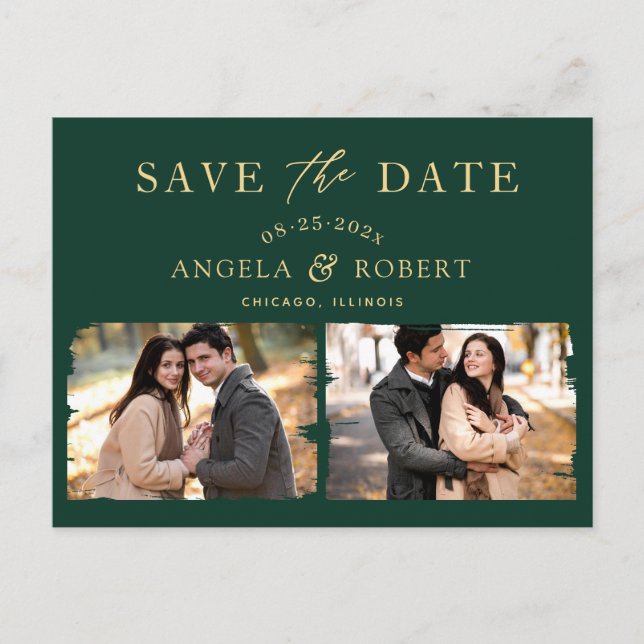 Emerald Green Gold Classy 2 Photo Save the Date Postcard (Front)