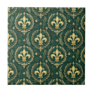 Emerald Green & Gold Crest Royal Damask Pattern Ceramic Tile