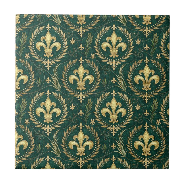 Emerald Green & Gold Crest Royal Damask Pattern Ceramic Tile (Front)