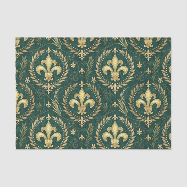 Emerald Green & Gold Crest Royal Damask Pattern Tissue Paper (Front)
