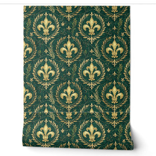 Emerald Green & Gold Crest Royal Damask Pattern Wallpaper