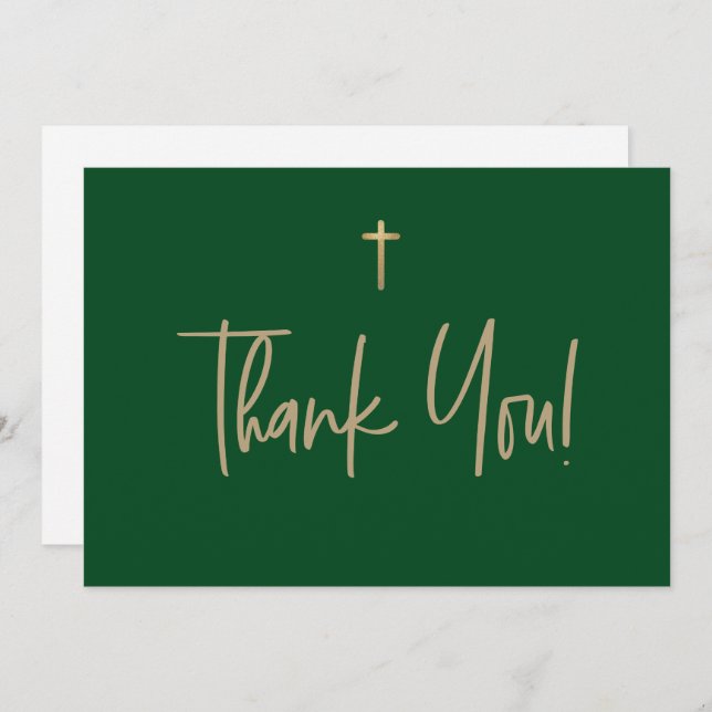 Emerald Green Gold Cross Boy name First communion Thank You Card (Front/Back)