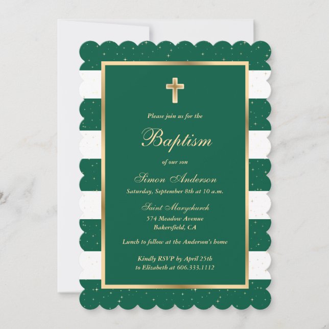 Emerald Green Gold Cross Striped Baptism Invitation (Front)